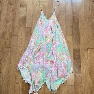 L- Women’s Pastel Palm Print Midi Dress with Pom Trim